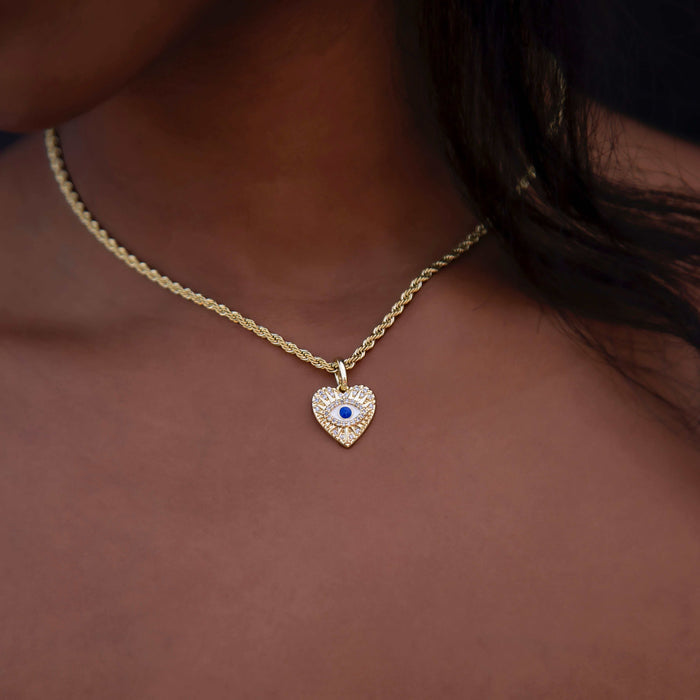 Small Coin Evil Eye Heart Pave Pendant in Gold - The GLD Shop