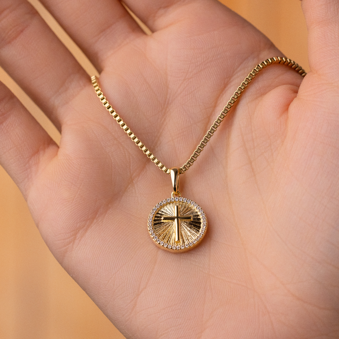 Small Cross Coin Pave Pendant in Gold