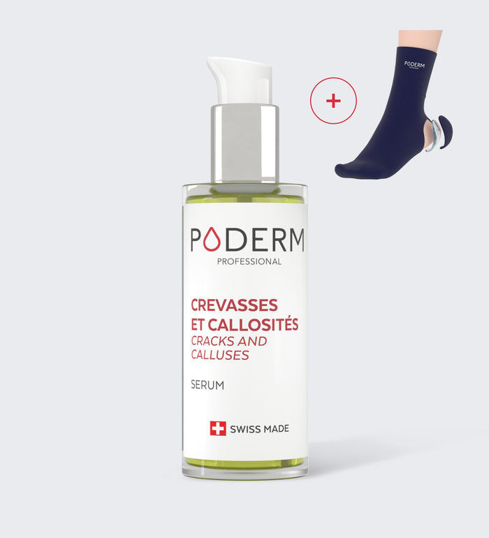 Sérum crevasses et callosités Poderm flacon avec chaussettes confort offertes