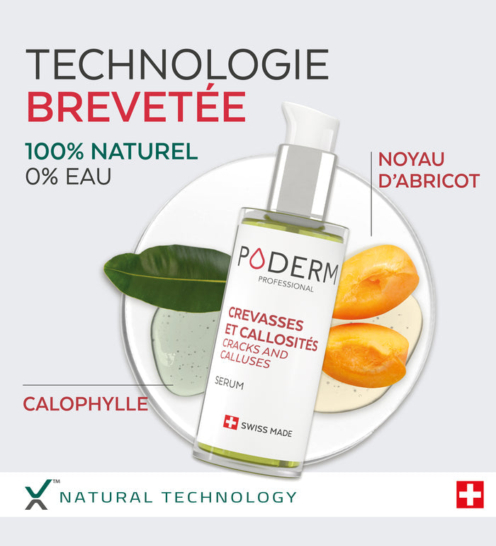 Technologie brevetée du sérum crevasses et callosités Poderm 100% naturel