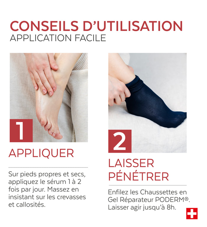 Mode d'emploi du soin nuit pieds Poderm avec chaussettes de confort