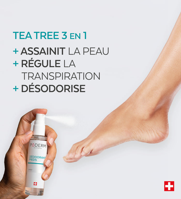 Bénéfices du spray tea tree 3 en 1 Poderm assainit régule et désodorise