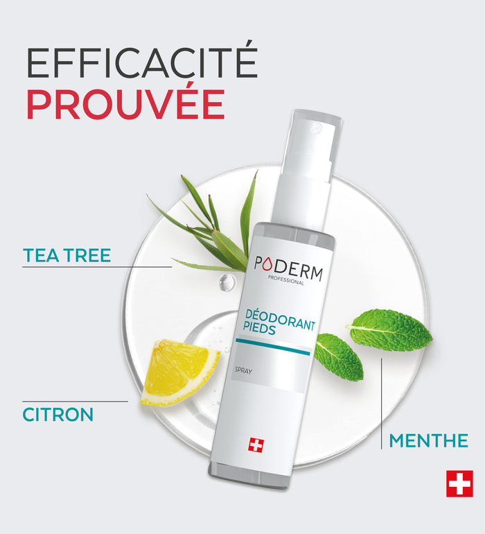 Efficacité prouvée du spray pieds Poderm tea tree citron et menthe