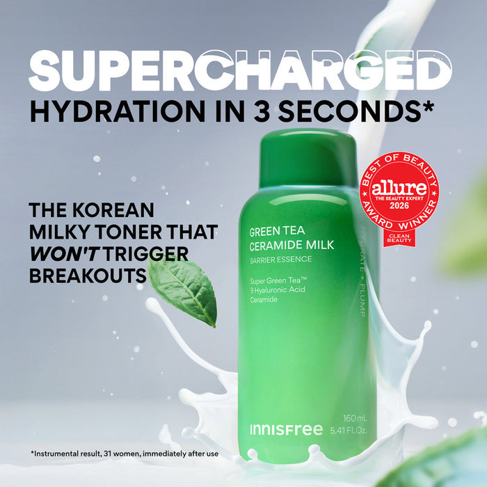 Innisfree Green Tea Ceramide Milk, set against a light gray background with a milk splash graphic. The image includes promotional text, a red Allure Best of Beauty 2026 award badge, and a green tea leaf illustration.