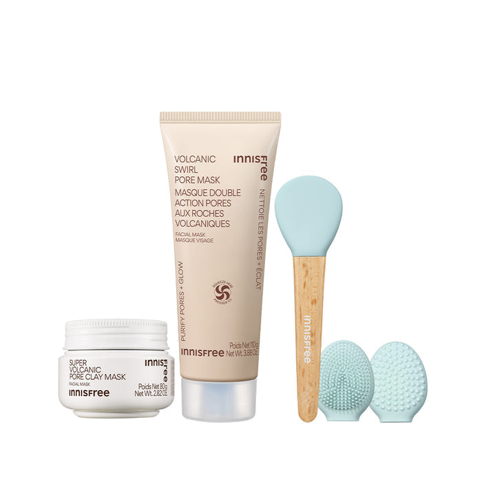 The Clay Mask Essentials packshot featuring Super Volcanic Pore Clay Mask - Original, Volcanic Swirl Pore Mask, Pore Spatula
