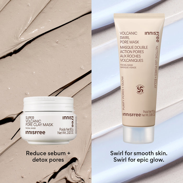 Reduce sebum + detox pores with Super Volcanic Clay Mask and swirl for smooth skin, swirl for epic glow with Volcanic Swirl Mask