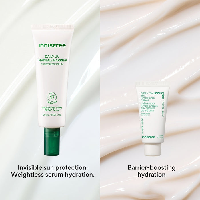 invisible sun protection. weightless serum hydration. with Green Tea Sunscreen Serum SPF 47 and barrier-boosting hydration with Green Tea Hyaluronic Cream