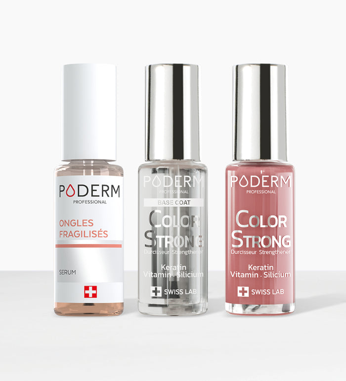 Trio ongles fragilisés Poderm sérum base coat et vernis Color Strong