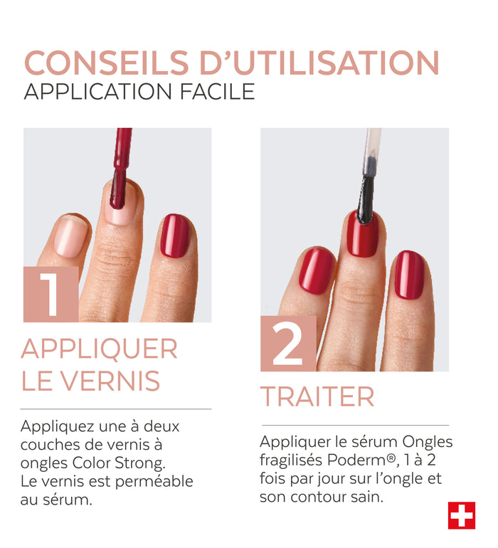 Application en 2 étapes du trio ongles fragilisés Color Strong Poderm