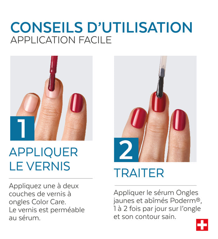 Application en 2 étapes du trio ongles jaunes Color Care Poderm
