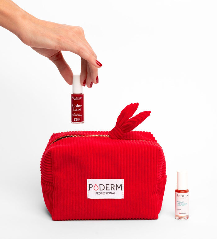 Trousse Poderm rouge en velours côtelé avec vernis Color Care et sérum anti-mycose