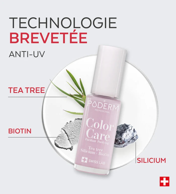 Technologie brevetée anti-UV du vernis Color Care Poderm tea tree biotine silicium