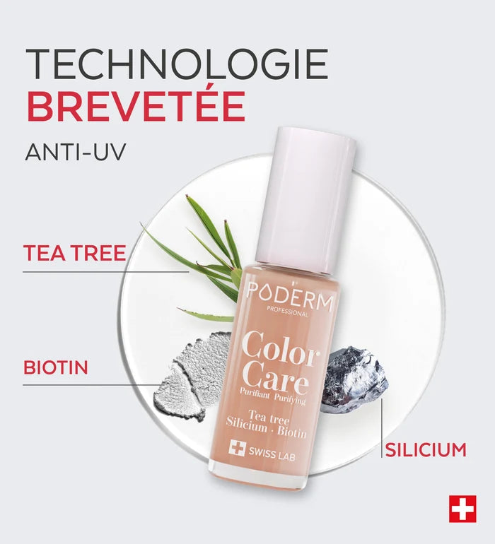 Technologie brevetée anti-UV du vernis Color Care Poderm tea tree biotine silicium