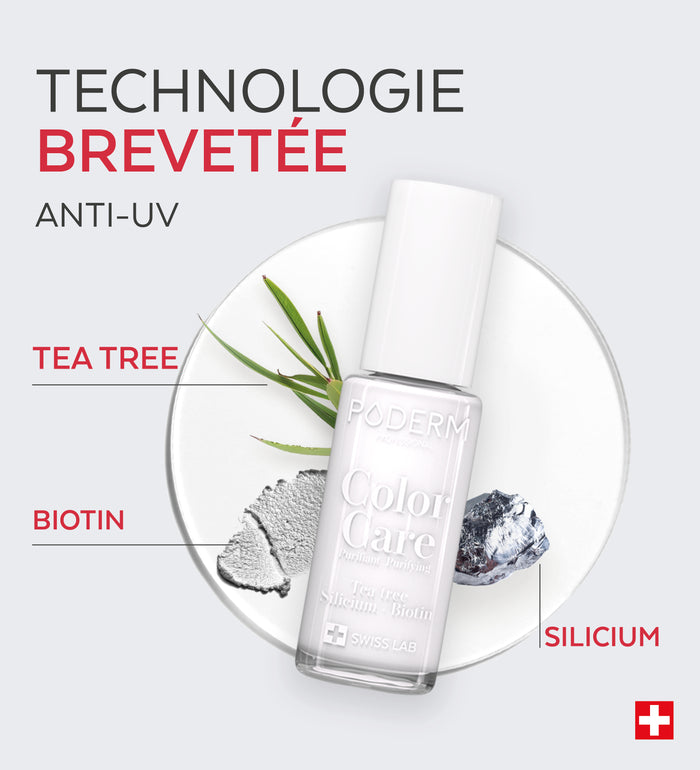 Technologie brevetée anti-UV du vernis Color Care Poderm tea tree biotine silicium