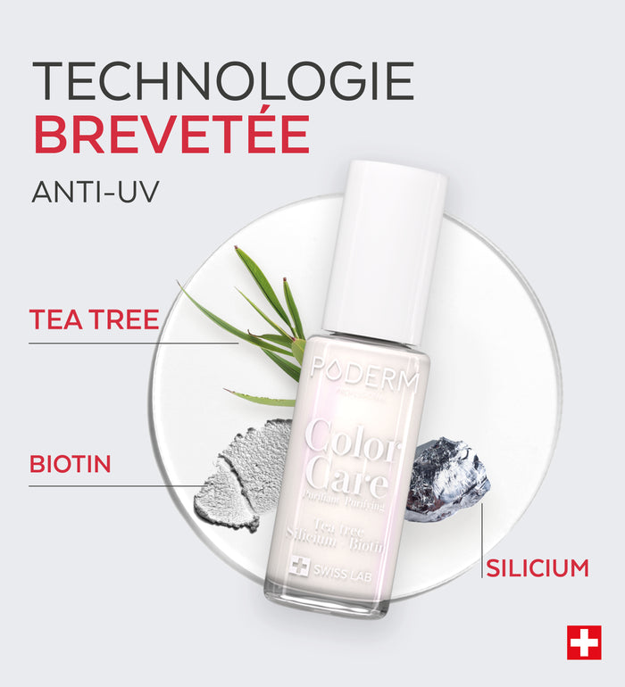 Technologie brevetée anti-UV du vernis Color Care Poderm tea tree biotine silicium
