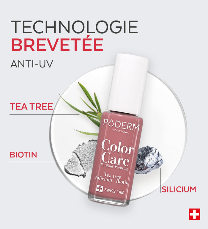 Technologie brevetée anti-UV du vernis Color Care Poderm tea tree biotine silicium
