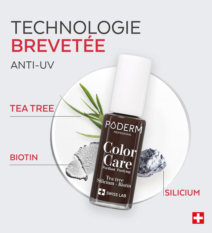 Technologie brevetée anti-UV du vernis Color Care Poderm tea tree biotine silicium