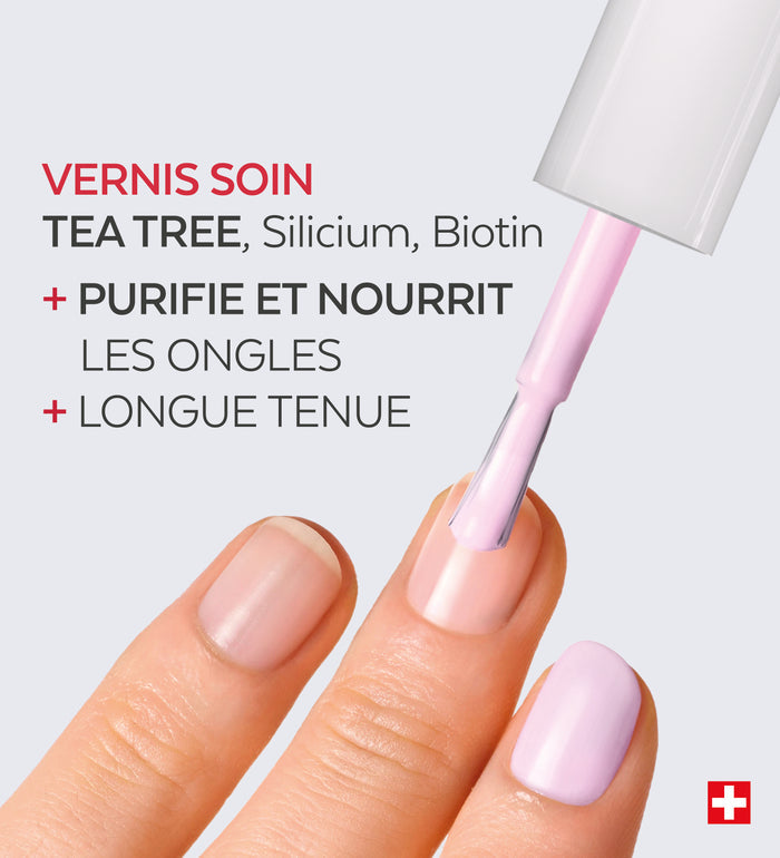 Application du vernis soin Color Care Poderm tea tree silicium biotine