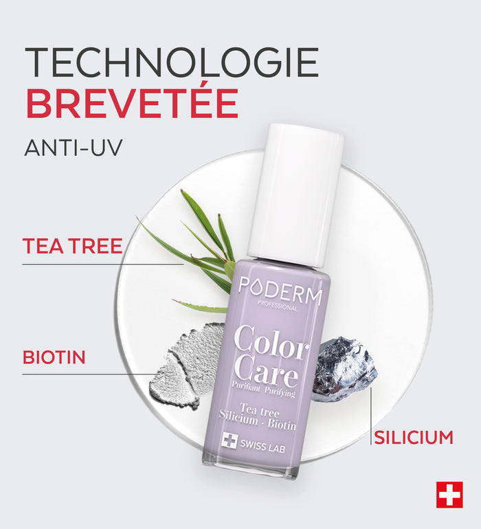 Technologie brevetée anti-UV du vernis Color Care Poderm tea tree biotine silicium