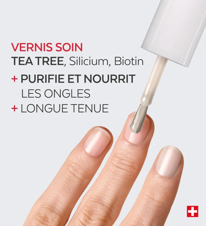 Application du vernis soin Color Care Poderm tea tree silicium biotine