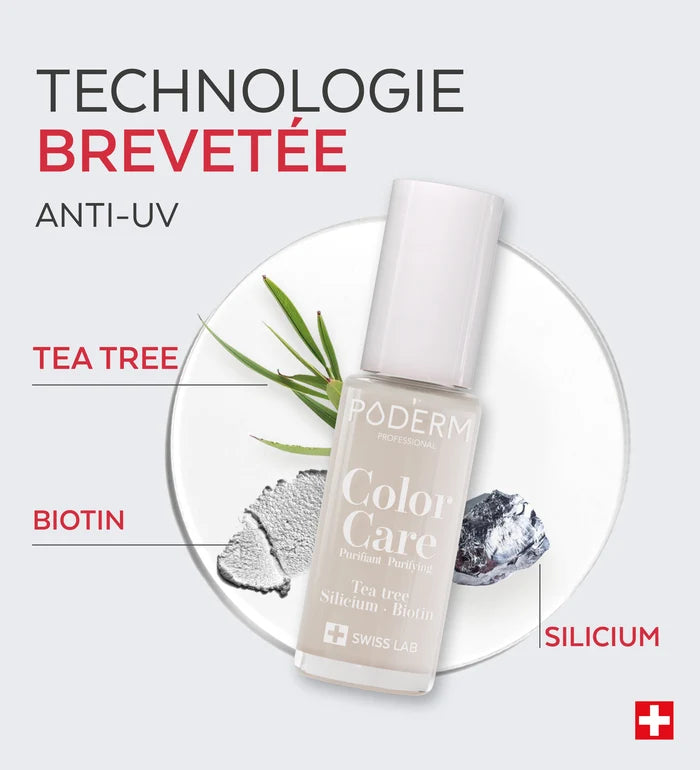 Technologie brevetée anti-UV du vernis Color Care Poderm tea tree biotine silicium