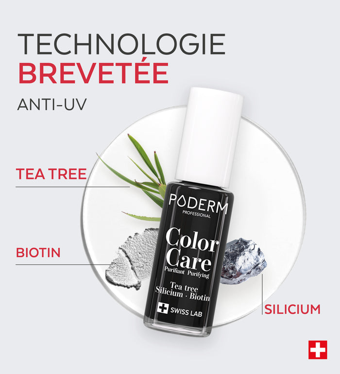 Technologie brevetée anti-UV du vernis Color Care Poderm tea tree biotine silicium