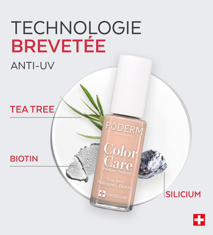 Technologie brevetée anti-UV du vernis Color Care Poderm tea tree biotine silicium