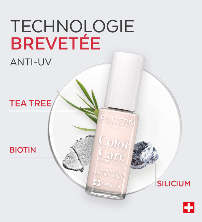 Technologie brevetée anti-UV du vernis Color Care Poderm tea tree biotine silicium