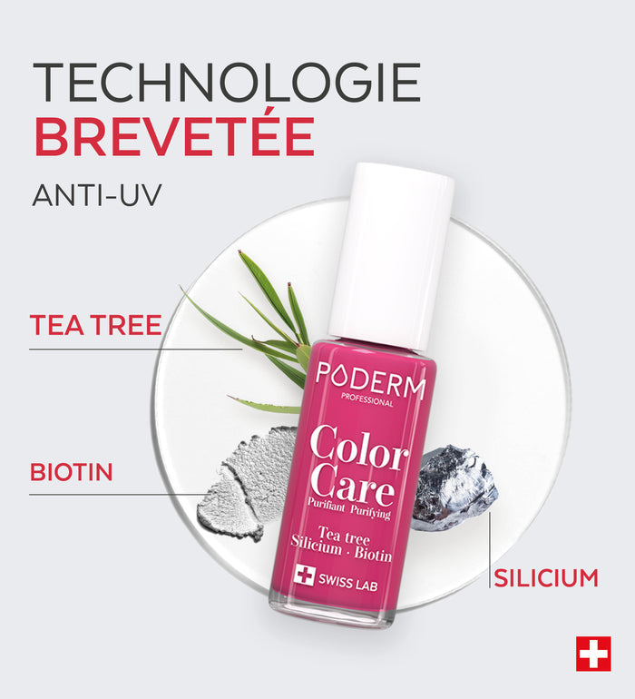 Technologie brevetée anti-UV du vernis Color Care Poderm tea tree biotine silicium