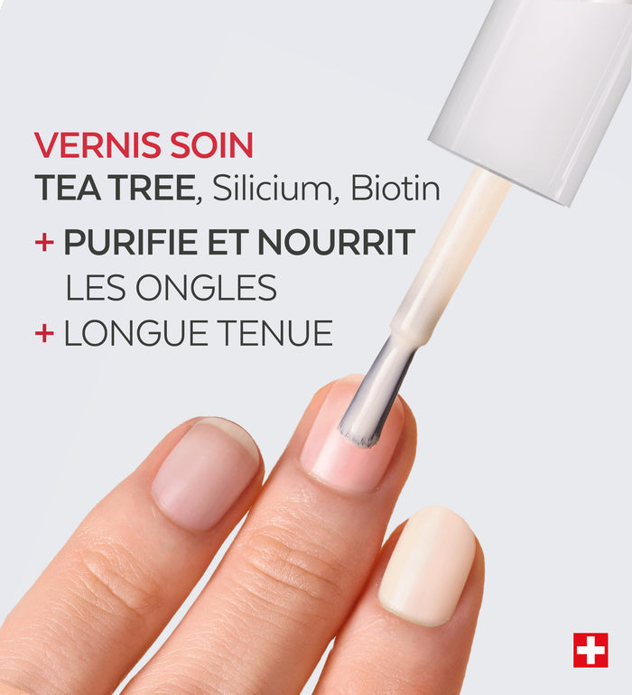 Application du vernis soin Color Care Poderm tea tree silicium biotine