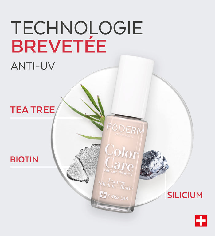 Technologie brevetée anti-UV du vernis Color Care Poderm tea tree biotine silicium