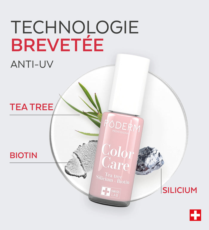 Technologie brevetée anti-UV du vernis Color Care Poderm tea tree biotine silicium