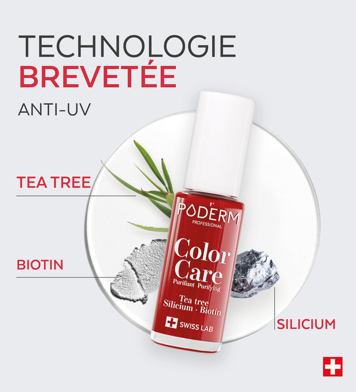 Technologie brevetée anti-UV du vernis Color Care Poderm tea tree biotine silicium