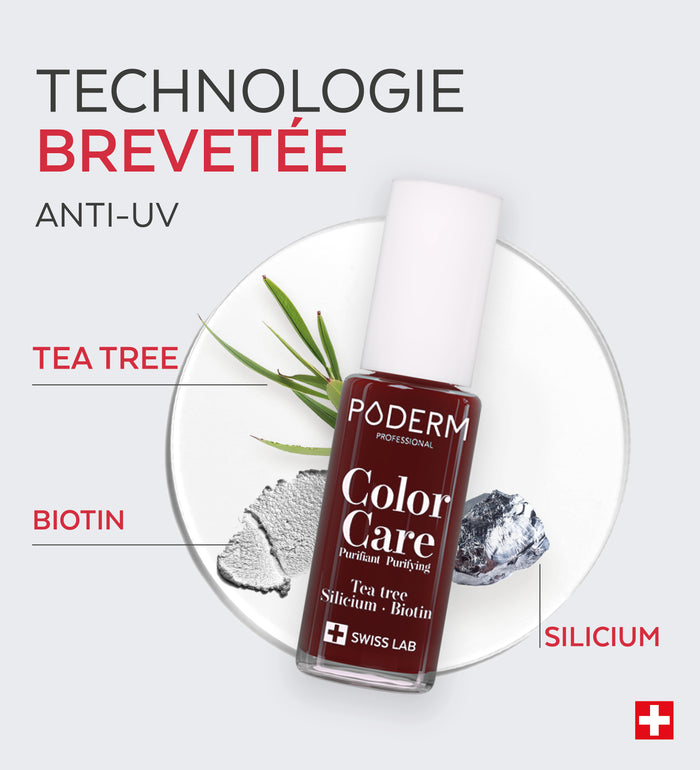Technologie brevetée anti-UV du vernis Color Care Poderm tea tree biotine silicium
