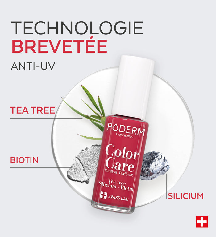 Technologie brevetée anti-UV du vernis Color Care Poderm tea tree biotine silicium