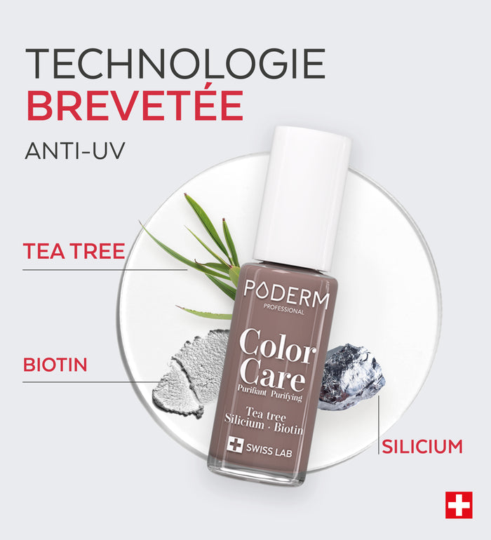 Technologie brevetée anti-UV du vernis Color Care Poderm tea tree biotine silicium