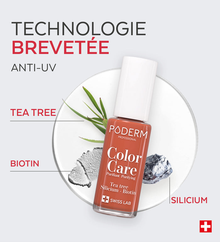 Technologie brevetée anti-UV du vernis Color Care Poderm tea tree biotine silicium