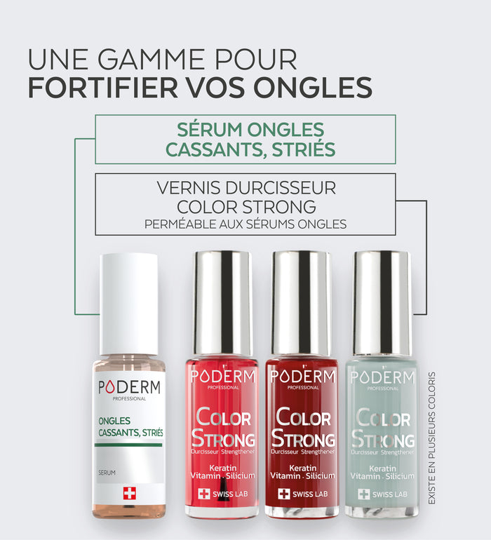 Gamme Color Strong Poderm pour fortifier les ongles sérum et vernis