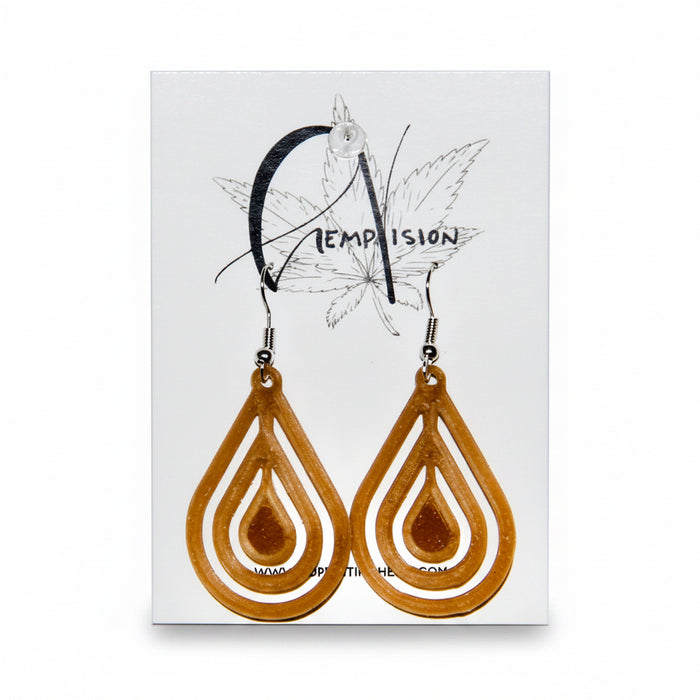Water hemp earrings on a HempVision card, concentric teardrop design