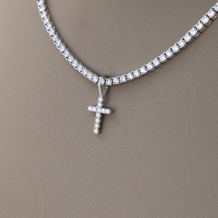 Women's Moissanite Diamond Cross Micro Pendant in White Gold Vermeil