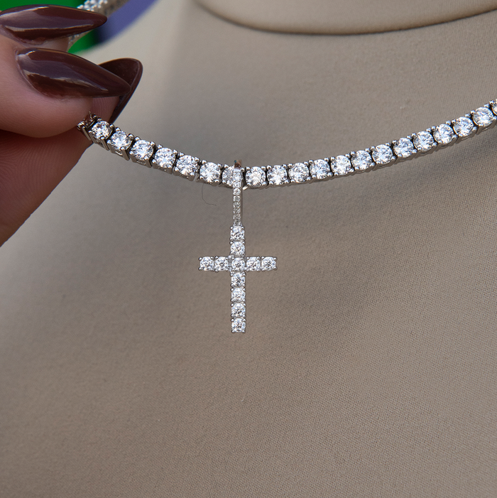 Women's Moissanite Diamond Cross Micro Pendant in White Gold Vermeil